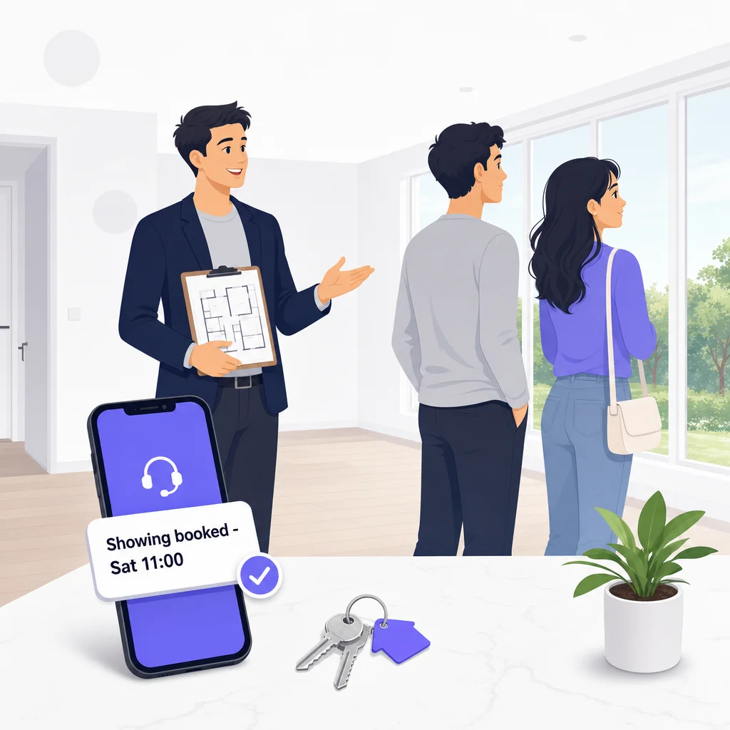 Real estate agent showing a house while the AI receptionist books a showing on their phone
