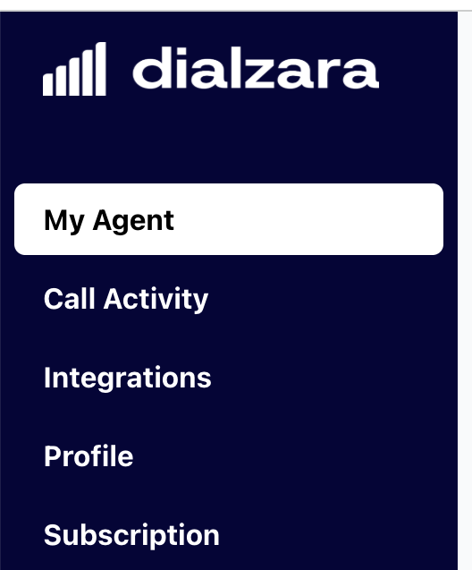Dialzara navigation drawer with My Agent, Call Activity, Integrations, Profile, Subscription, Help and Logout tabs