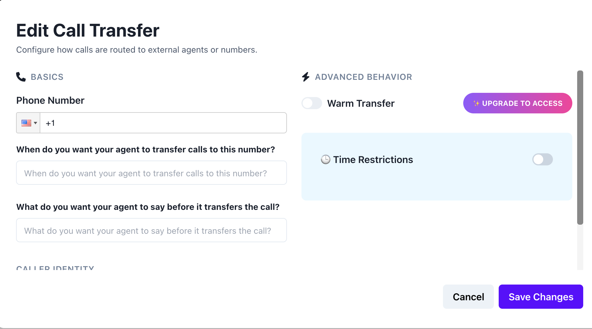Dialzara call transfer settings — warm transfer marked as paid upgrade