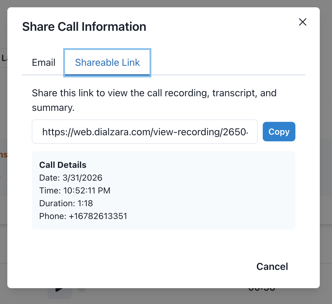 Dialzara shareable link feature